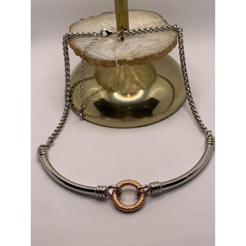 Classic Silver Toned Bar And Rose Gold Disc Necklace - Mixed Metal - Lia Sophia